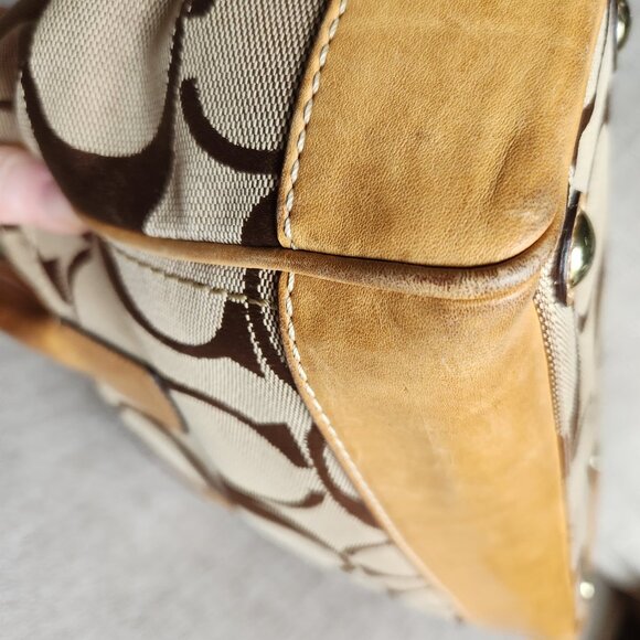 COACH Madeline top handle shoulder satchel khaki signature C and camel leather - Picture 8 of 15